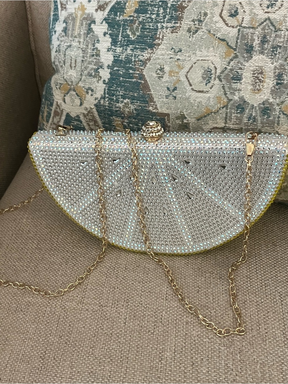 Crystal Lemon Slice shaped Half Moon  Clutch with removable Gold Chain